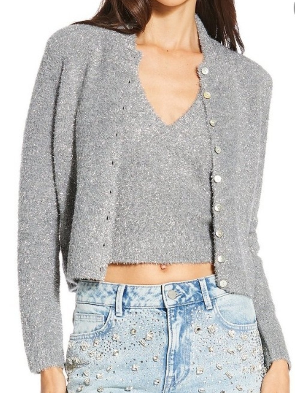 Gianni Bini Size XL Metallic Silver V-Neck Crop Sweater and Cardigan Set